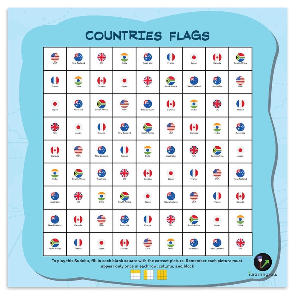 Ilearnngrow 9x9 Country Flag Sudoku (6 Years till Grown Ups)