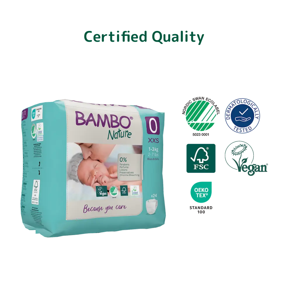 Bambo Nature (Size-0, XXS) Diapers | 24 Diapers | 1-3 Kg | 2-7 lbs
