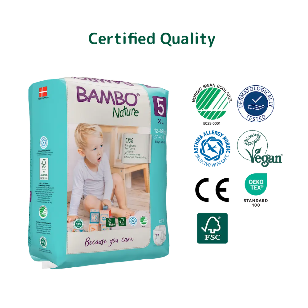 Bambo Nature (5-XL) Diapers | 22 Diapers | 12-18 Kg | 27-40 lbs
