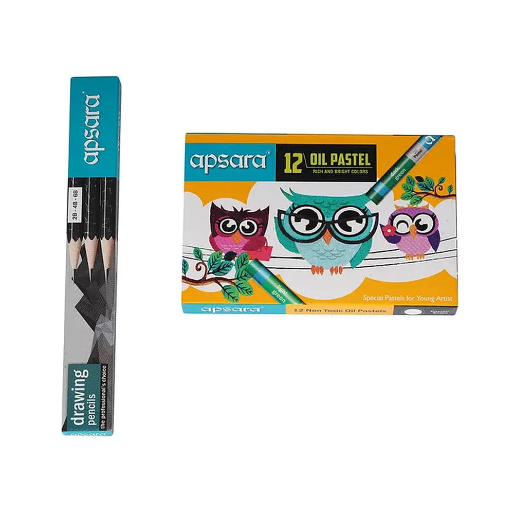 Apsara Art Kit - 12 Wax Crayons, 3 Drawing Pencils, 6 Water Color Tubes, 12 Oil Pastels, 3 Poster Colors