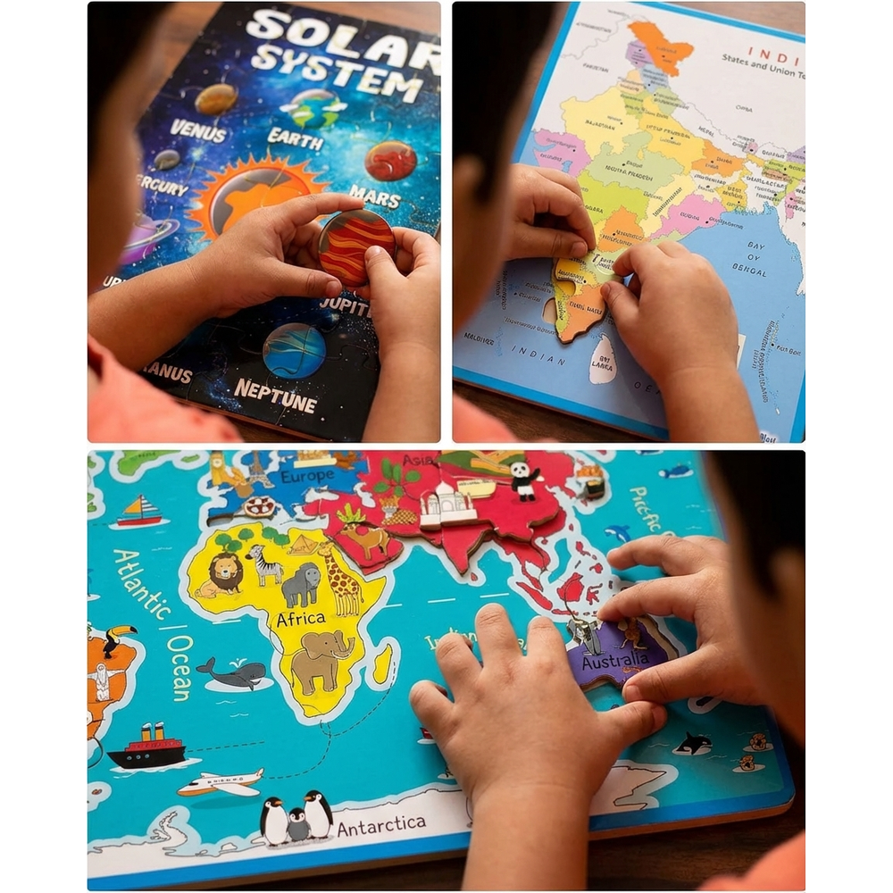 FunBlast 3 In 1 Jigsaw Puzzle - Solar System, Map Of India & World Map | 72 Pieces