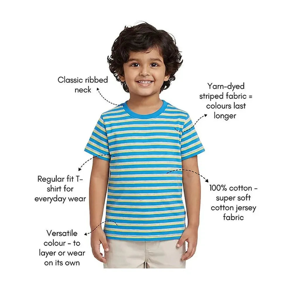 Campana 100% Cotton Knit Half Sleeves Striped T-Shirt | Blue & Light Grey