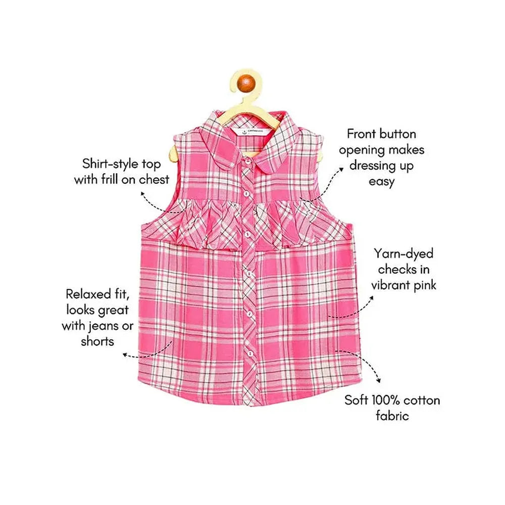 Campana 100% Cotton Woven Sleeveless Checked Shirt Style Top | Pink
