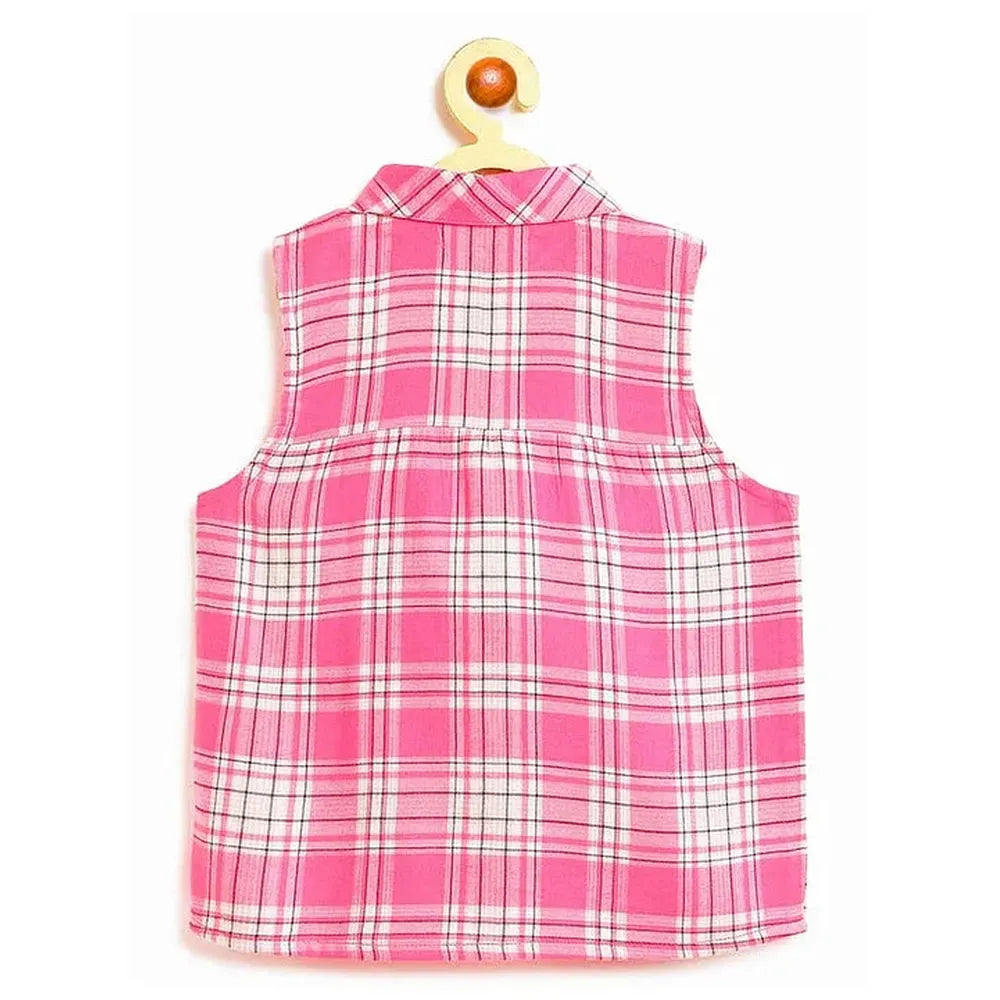 Campana 100% Cotton Woven Sleeveless Checked Shirt Style Top | Pink