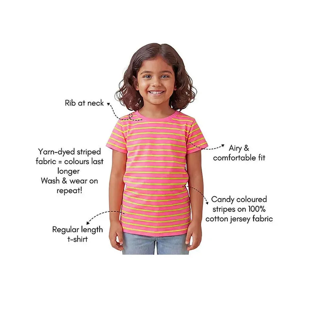 Campana 100% Cotton Knit Half Sleeves Striped T-Shirt | Pink & Lime