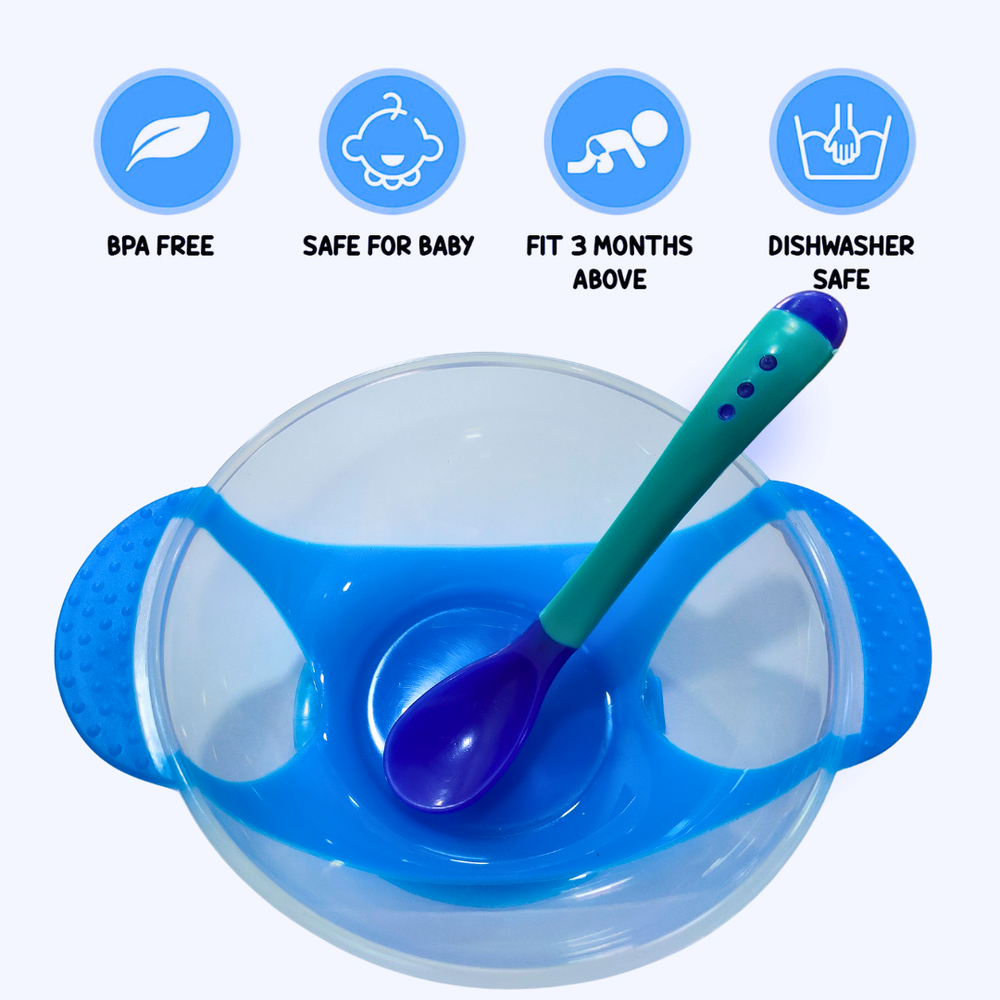 Zikku Baby Spill-Proof Silicone Suction Bowl Set with Temperature-Sensitive Spoon | Blue