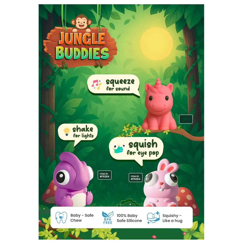Woot Hoot Pack of 3 Jungle Buddies Interactive Toy Set | Squish & Shake for Lights & Sounds | Assorted Colors & Designs