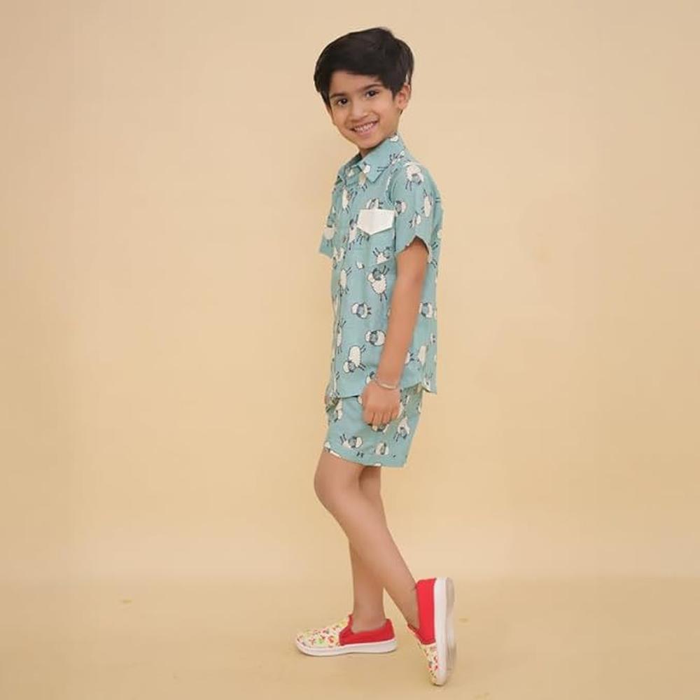 Little Ginnie Half Sleeve Shirt & Shorts for Kids | Coord Set | Animal Print - Blue