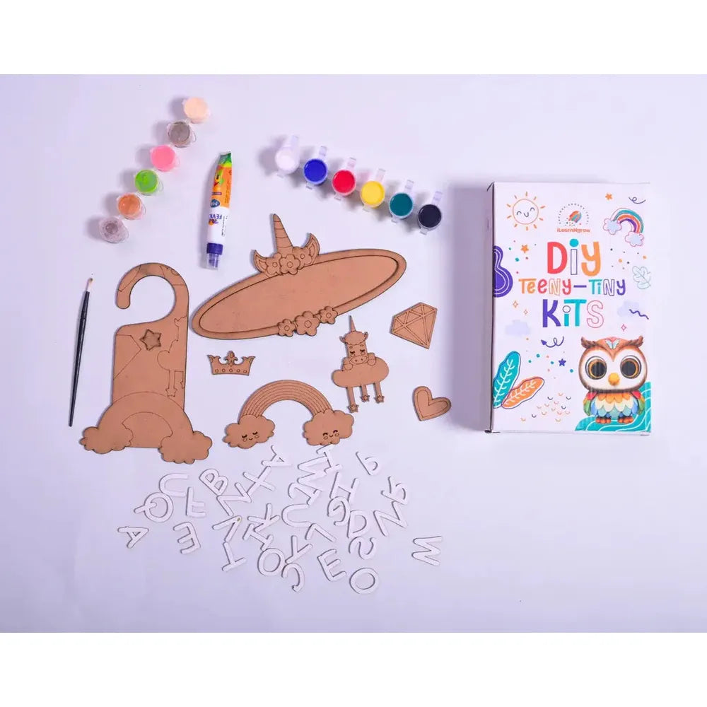 Ilearnngrow Teeny Tiny DIY Unicorn Name Plate Kit & Door Knob Craft Kit