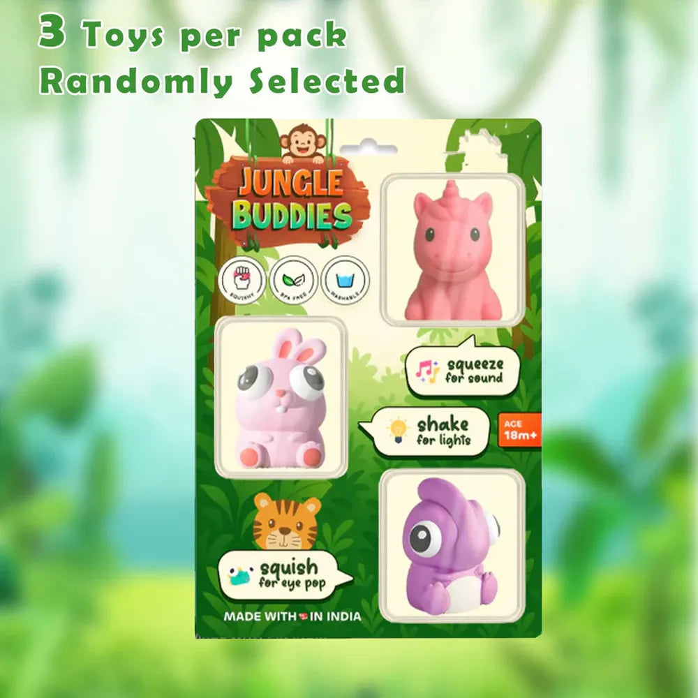 Woot Hoot Pack of 3 Jungle Buddies Interactive Toy Set | Squish & Shake for Lights & Sounds | Assorted Colors & Designs
