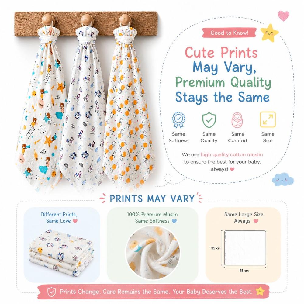 Zikku Set of 3 Baby Muslin Swaddle Wraps - 100% Cotton Multpurpose Baby Blanket