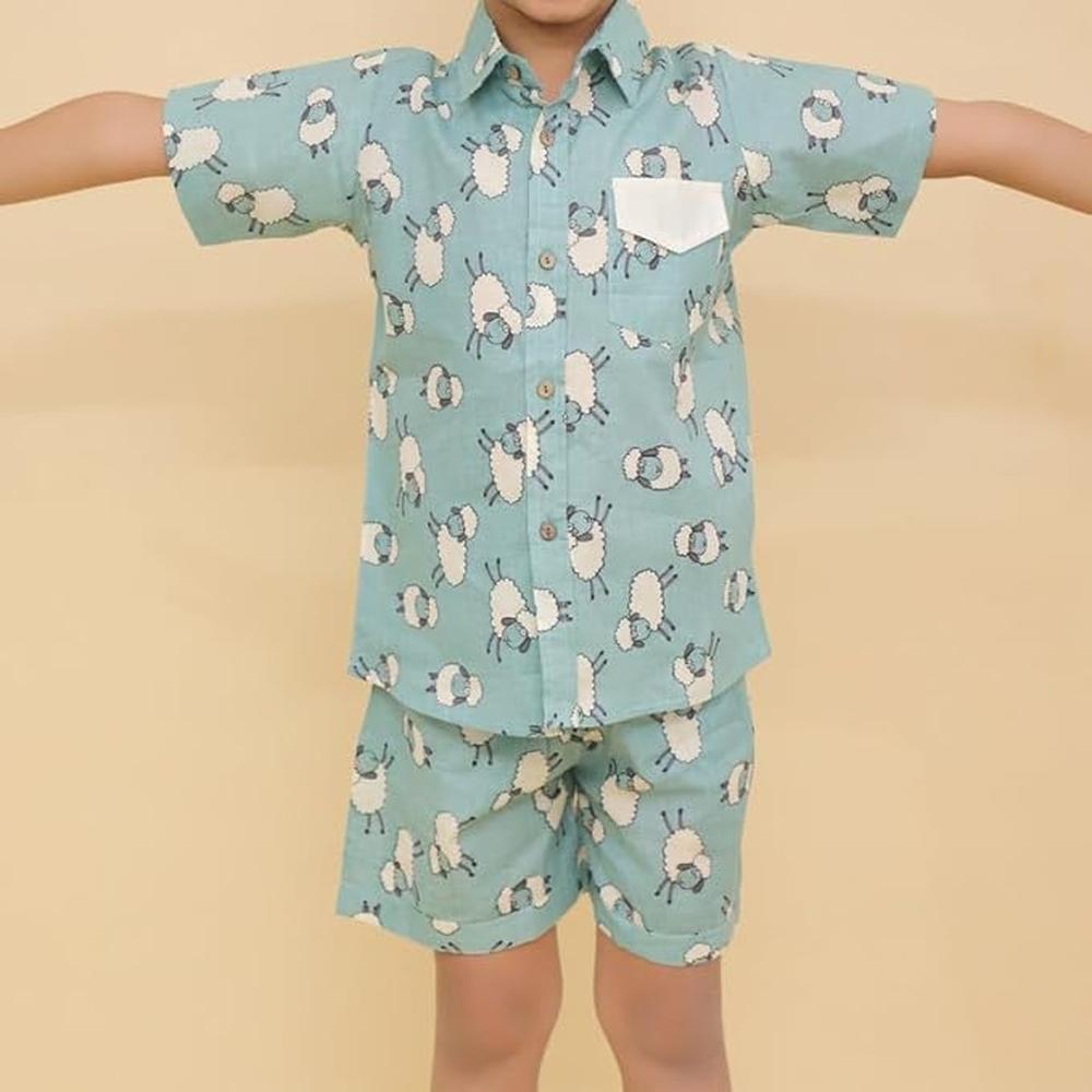 Little Ginnie Half Sleeve Shirt & Shorts for Kids | Coord Set | Animal Print - Blue