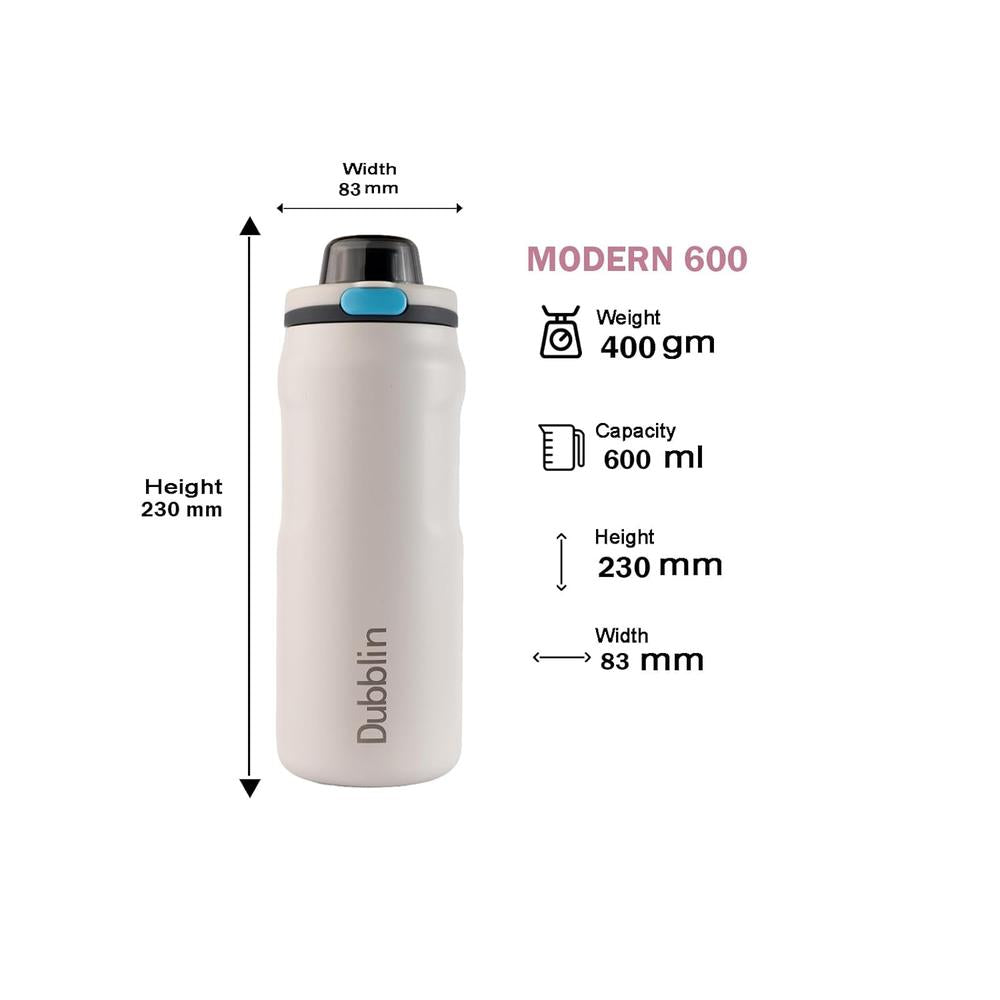Dubblin Modern Insulated Stainless Steel Water Bottle - 600ml | Keeps Water Hot & Cold - White