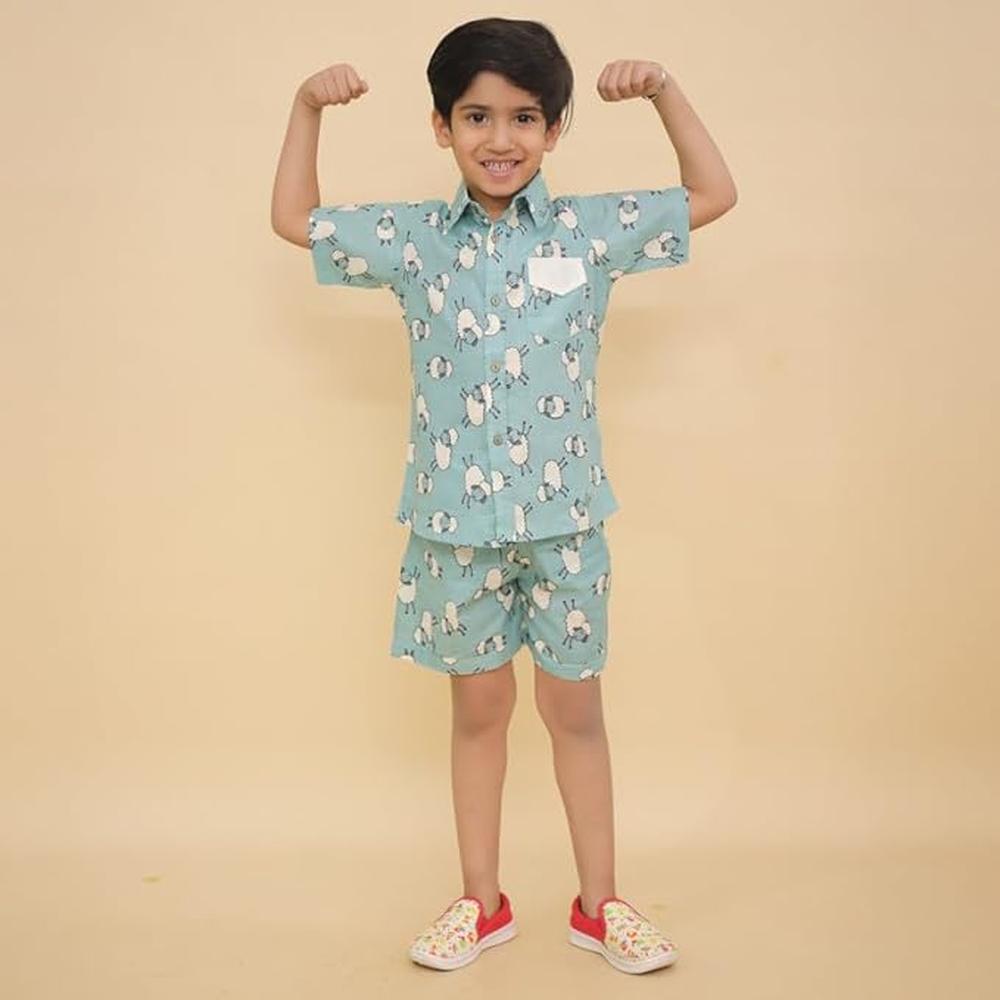 Little Ginnie Half Sleeve Shirt & Shorts for Kids | Coord Set | Animal Print - Blue