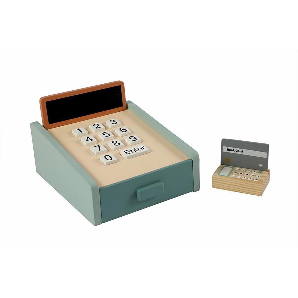 Little Ginnie 15 Pieces Wooden Cash Register Pretend Play Set | Credit Card, Coins & Bills