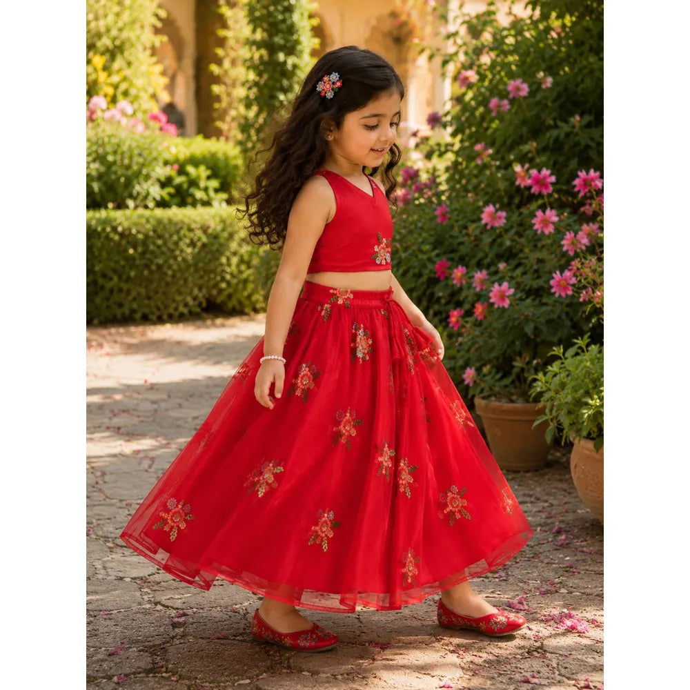 Saka Designs Ethnic Girls Embroidered Mirror Red Lehenga Choli