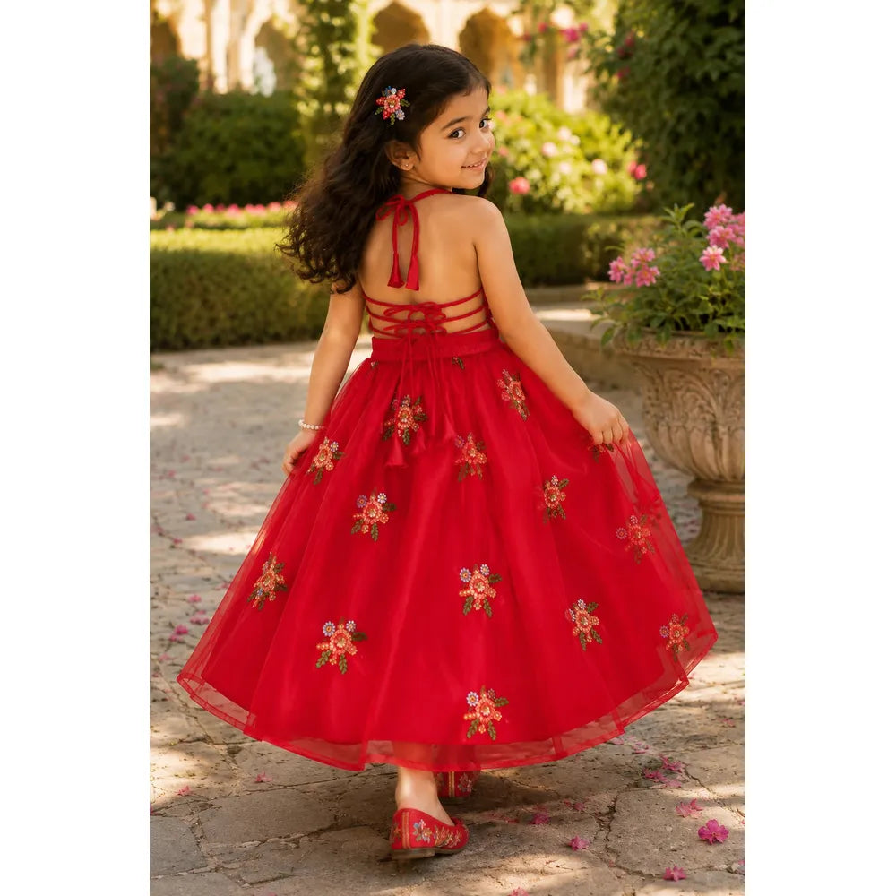Saka Designs Ethnic Girls Embroidered Mirror Red Lehenga Choli