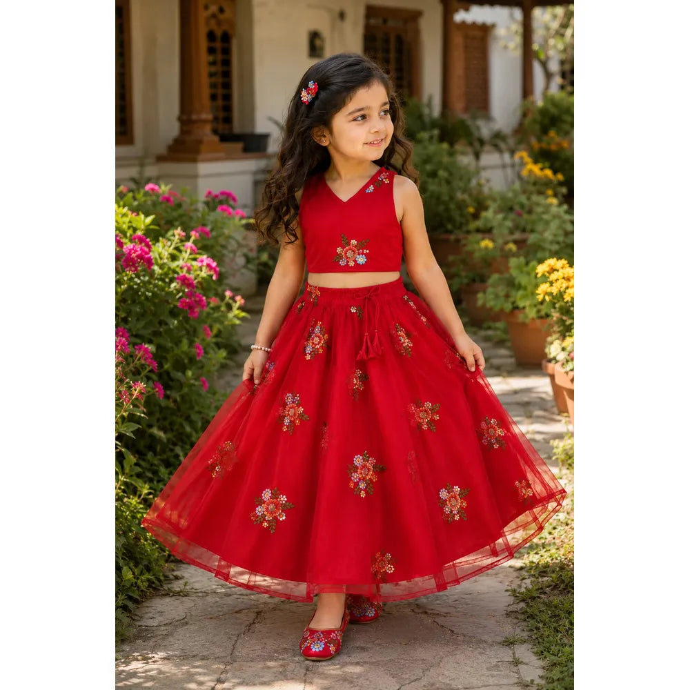 Saka Designs Ethnic Girls Embroidered Mirror Red Lehenga Choli