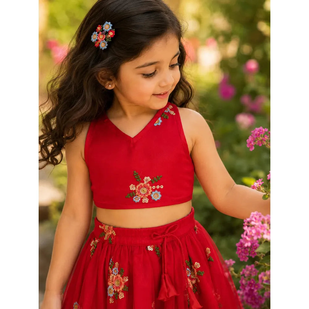 Saka Designs Ethnic Girls Embroidered Mirror Red Lehenga Choli