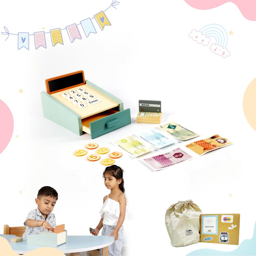 Little Ginnie 15 Pieces Wooden Cash Register Pretend Play Set | Credit Card, Coins & Bills