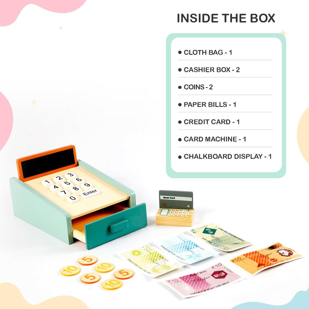 Little Ginnie 15 Pieces Wooden Cash Register Pretend Play Set | Credit Card, Coins & Bills