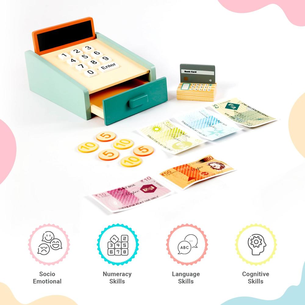 Little Ginnie 15 Pieces Wooden Cash Register Pretend Play Set | Credit Card, Coins & Bills