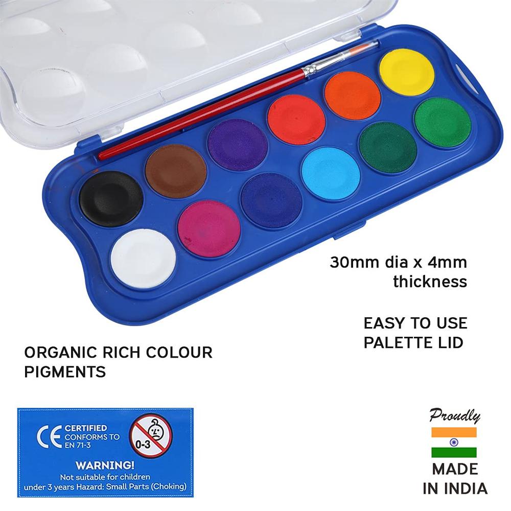 Doms Aqua Color Cakes Water Colors with 1 Brush - 12 Shades | 30mm