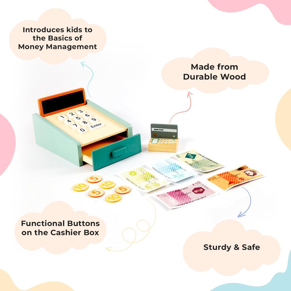 Little Ginnie 15 Pieces Wooden Cash Register Pretend Play Set | Credit Card, Coins & Bills