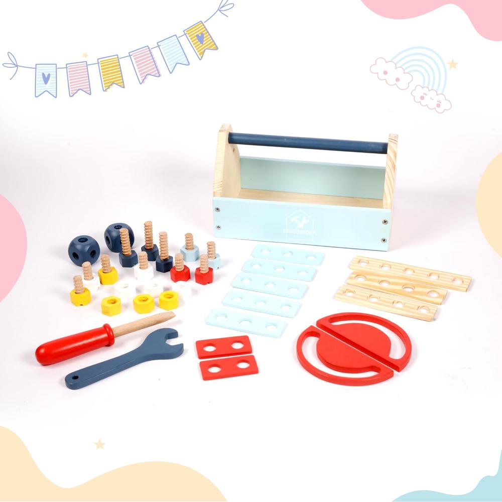 Little Ginnie Wooden Builder's Toolbox Playset - Screwdriver, Wrench, Nuts & Bolts