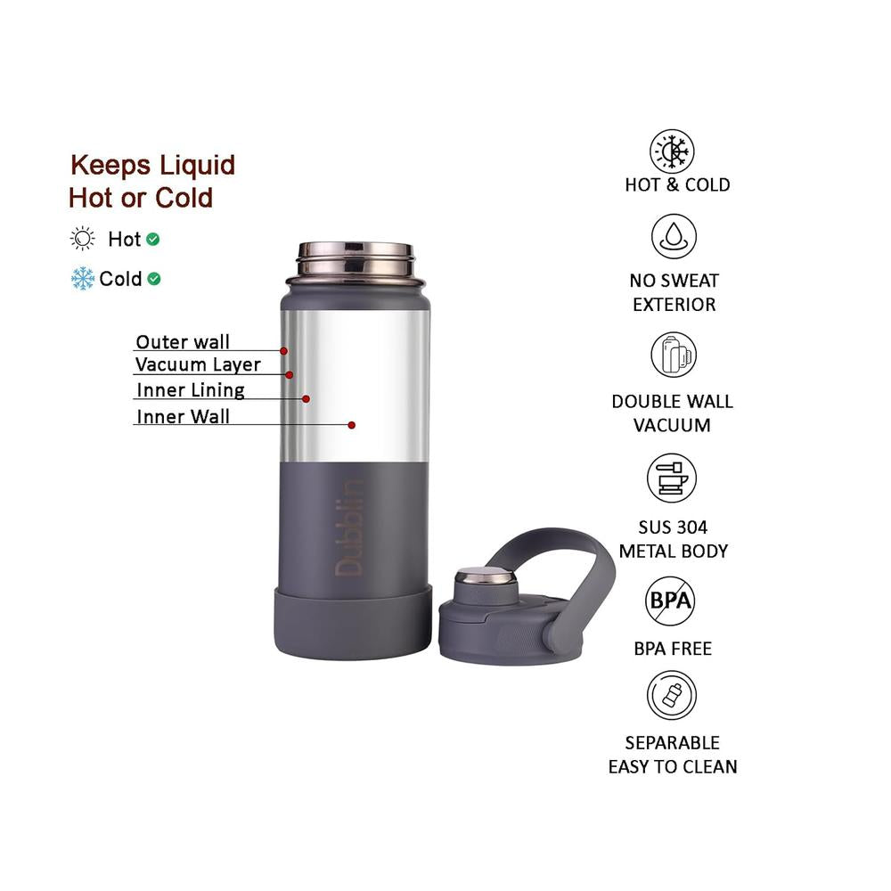 Dubblin Zoom Insulated Stainless Steel Water Bottle - 1200ml | Keeps Water Hot & Cold - Grey