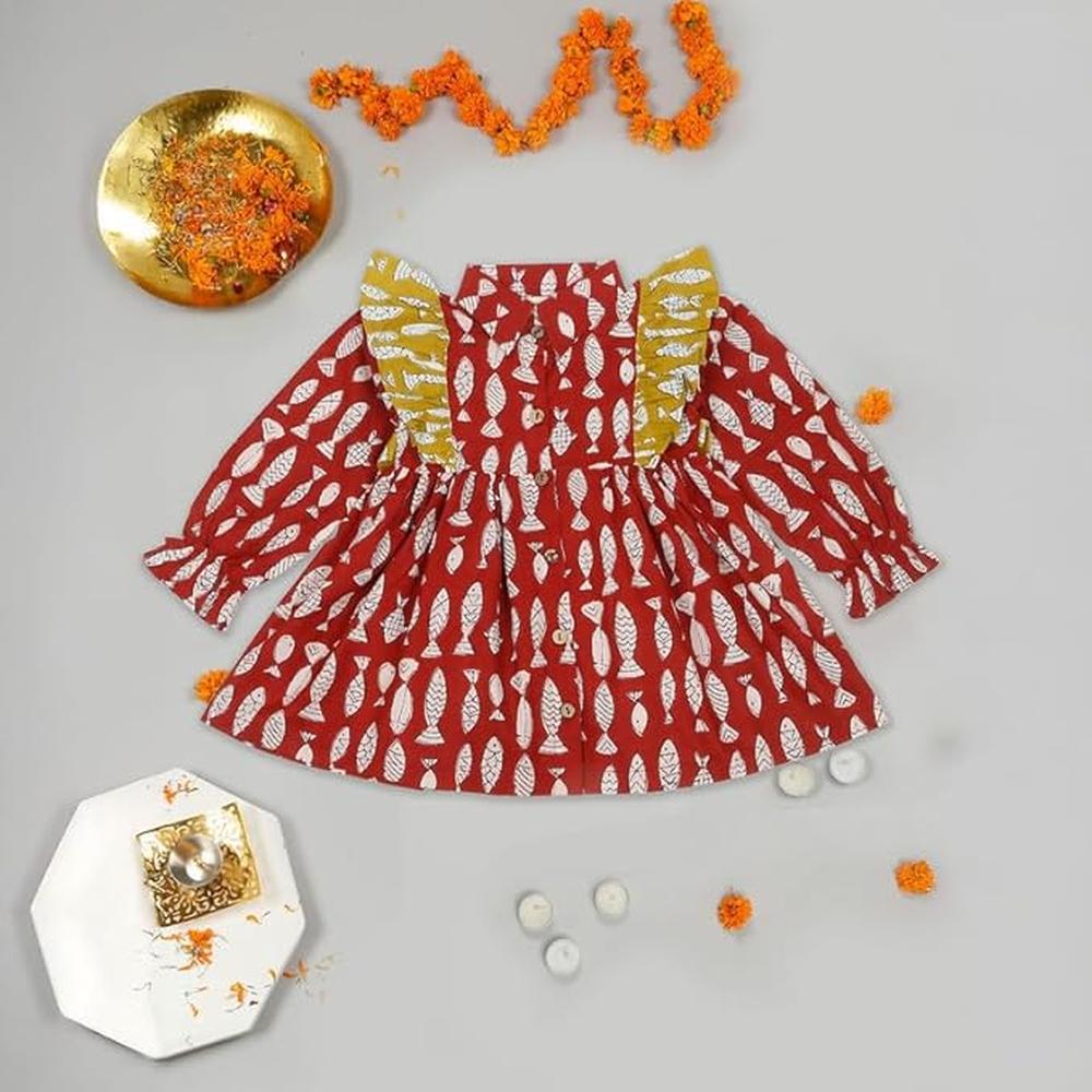 Little Ginnie Cotton Frock for Baby Girls - Red | One Piece Dress - Animal Print