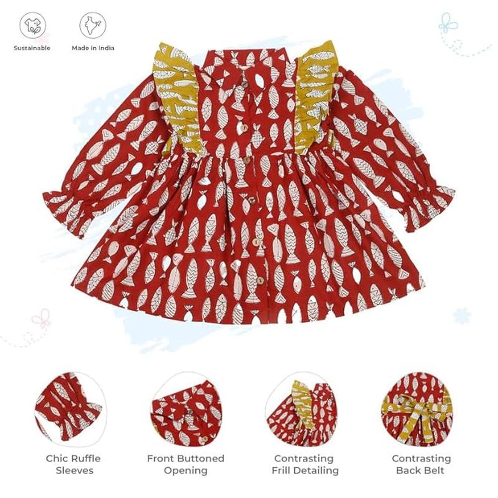 Little Ginnie Cotton Frock for Baby Girls - Red | One Piece Dress - Animal Print