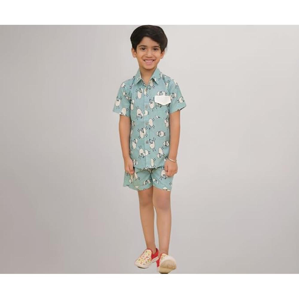 Little Ginnie Half Sleeve Shirt & Shorts for Kids | Coord Set | Animal Print - Blue
