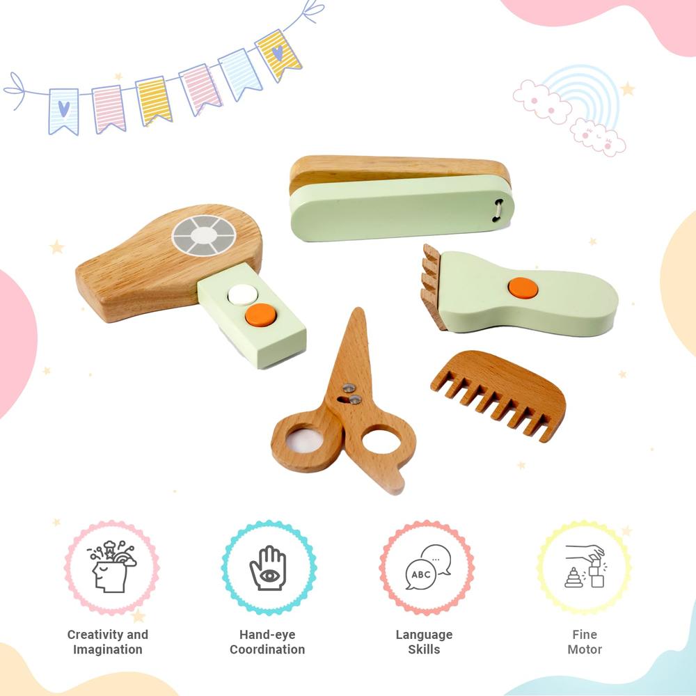 Little Ginnie Baby Grooming Pretend Playset - Wooden Hair Dryer, Straightener, Trimmer, Scissors & Comb