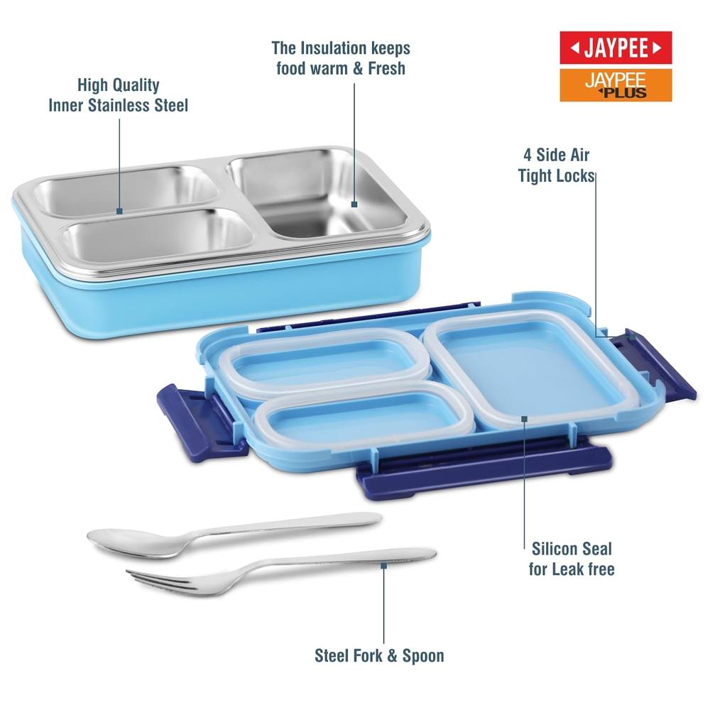 Jaypee Marvel Series Insulated Lunch Box - 3 Cavity Lunch Box - 625ml | Toon Box 3 - Sky Blue