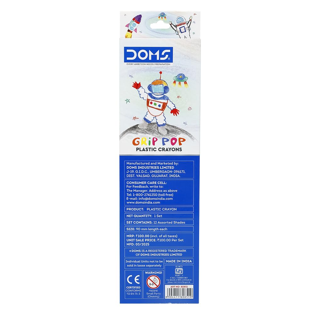 Doms Grip Pop 12 Shades Plastic Crayons