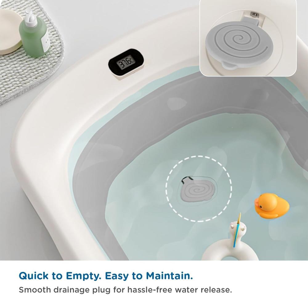 Mee Mee Mini Wash Baby Bath Tub with Digital Temperature Display | Foldable BPA-Free Infant Tub with Anti-Skid Base (Upto 18 Kg) | Grey