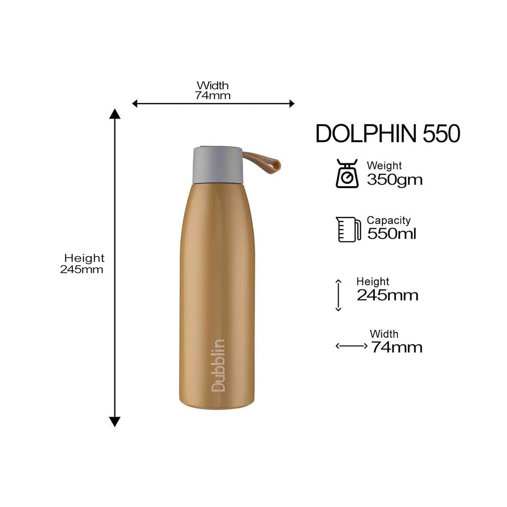 Dubblin Dolphin Insulated Stainless Steel Water Bottle - 550ml | Keeps Water Hot & Cold - Green