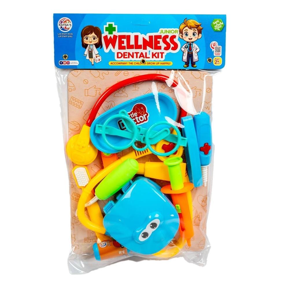 Ratna's Junior Wellness Dental Kit Pretend Playset for Kids - 12 Pieces | Yellow, Blue