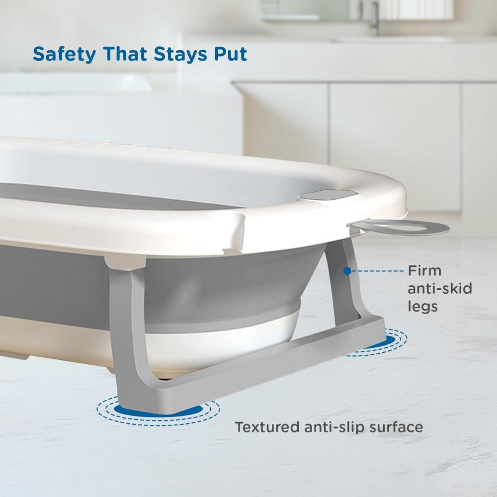 Mee Mee Mini Wash Baby Bath Tub with Digital Temperature Display | Foldable BPA-Free Infant Tub with Anti-Skid Base (Upto 18 Kg) | Grey