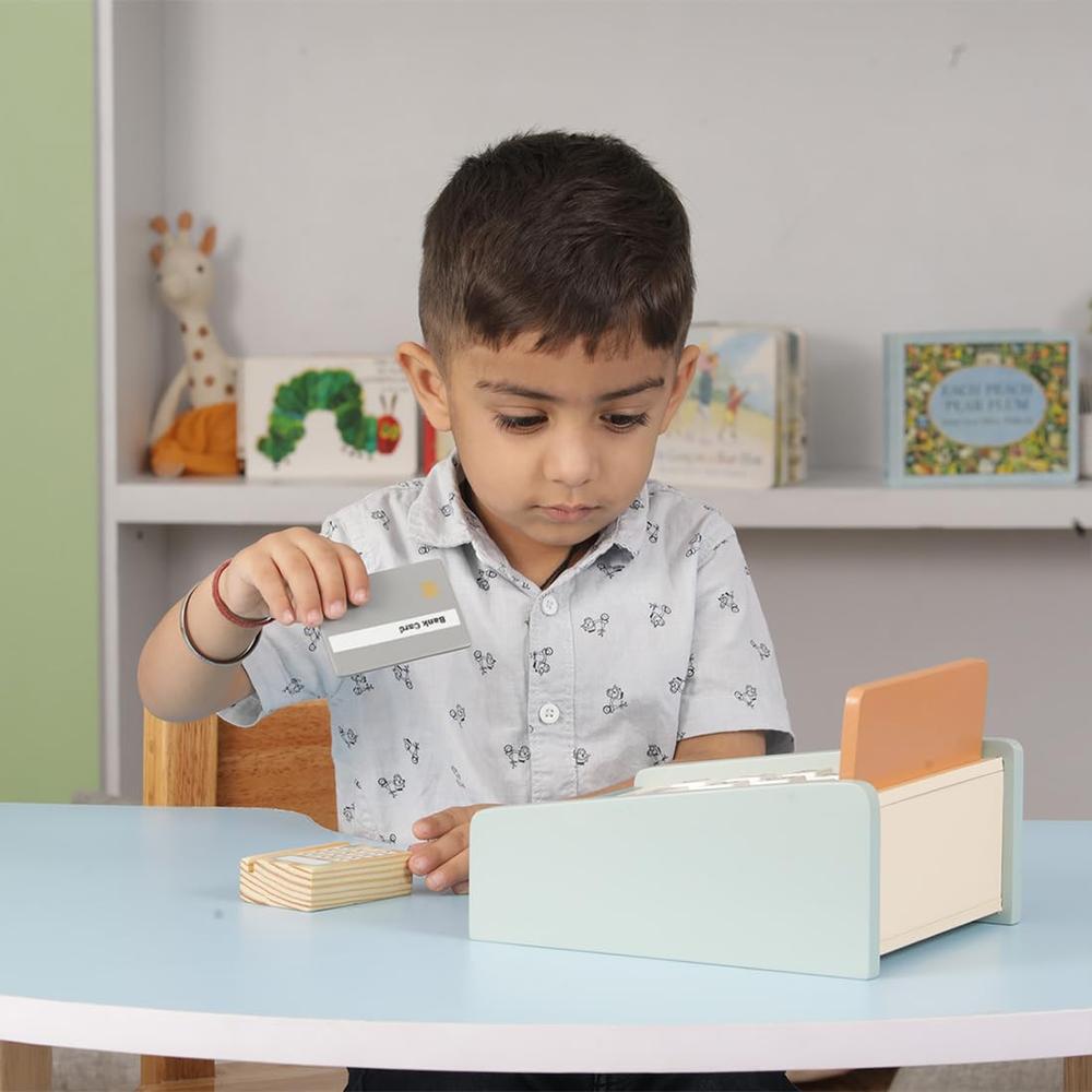 Little Ginnie 15 Pieces Wooden Cash Register Pretend Play Set | Credit Card, Coins & Bills