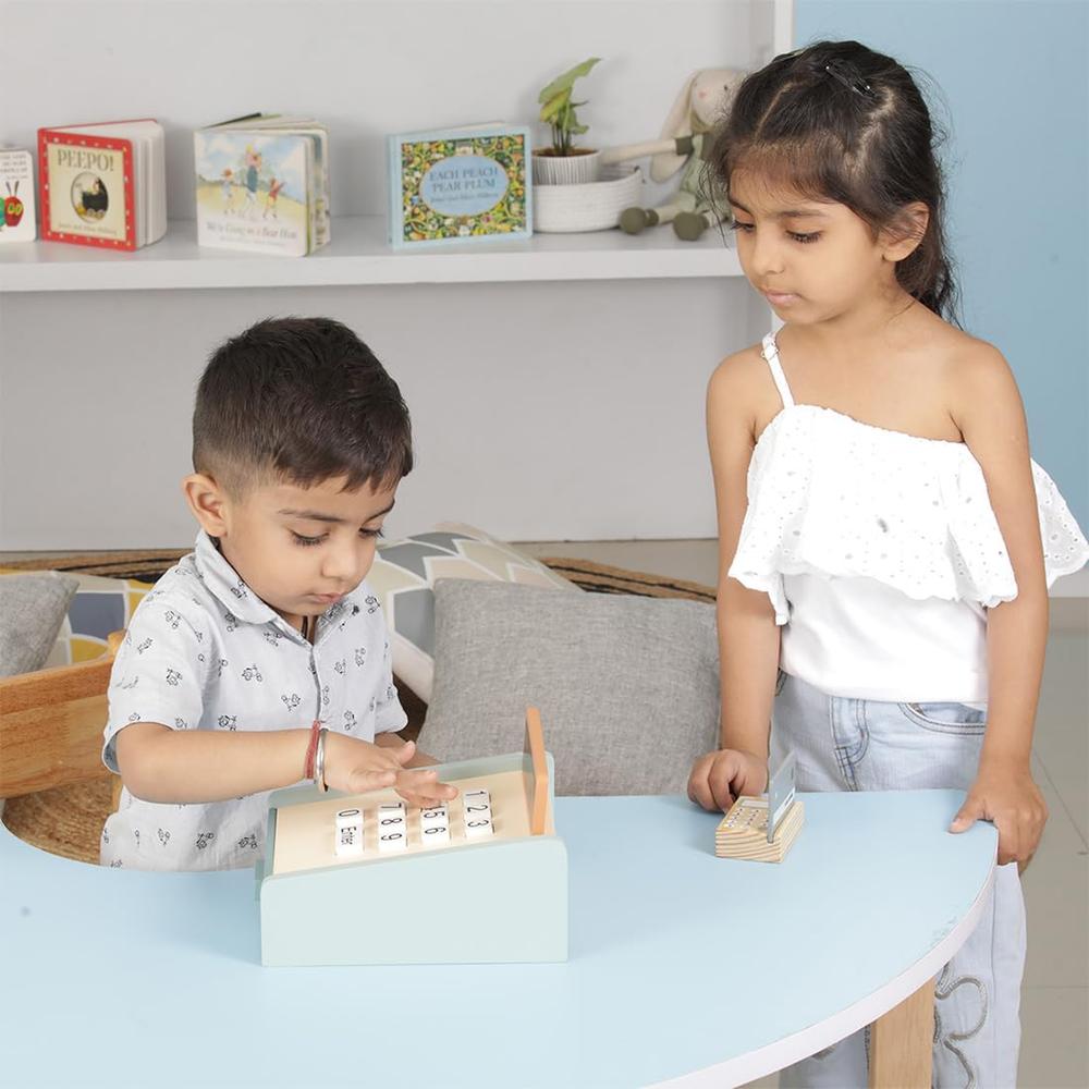 Little Ginnie 15 Pieces Wooden Cash Register Pretend Play Set | Credit Card, Coins & Bills