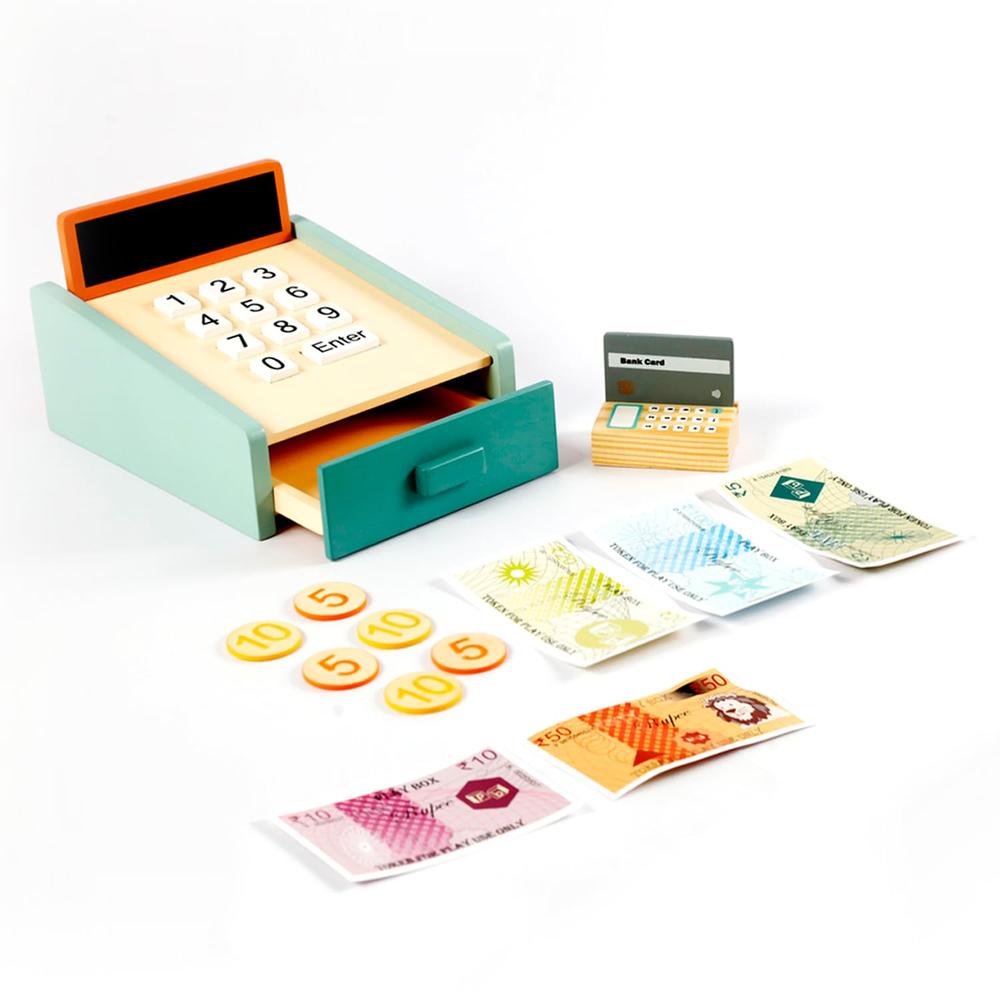 Little Ginnie 15 Pieces Wooden Cash Register Pretend Play Set | Credit Card, Coins & Bills