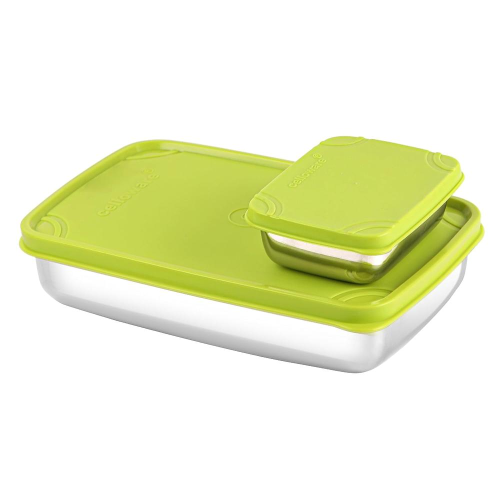 Cello Stainless Steel Max Steel Lunch Box with Air-Tight Lid - 2 Units (200ml, 1.1L) | Green