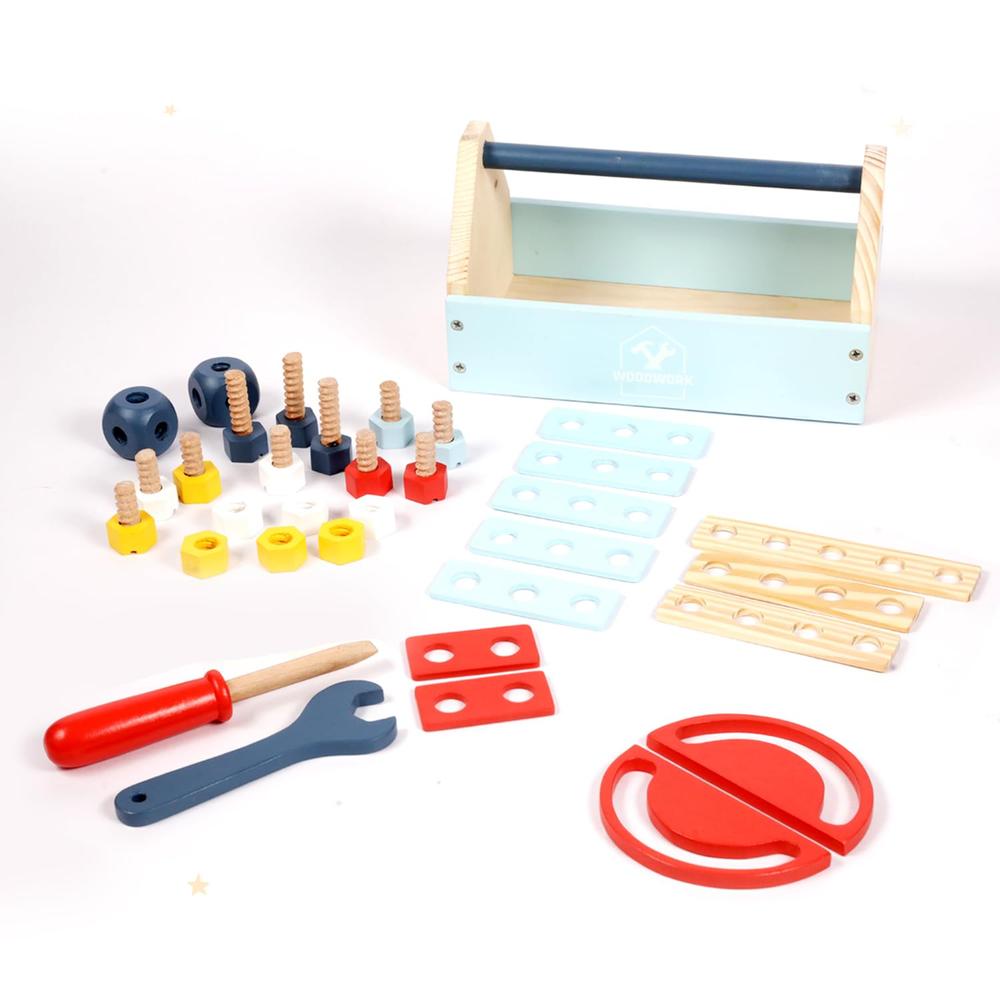 Little Ginnie Wooden Builder's Toolbox Playset - Screwdriver, Wrench, Nuts & Bolts