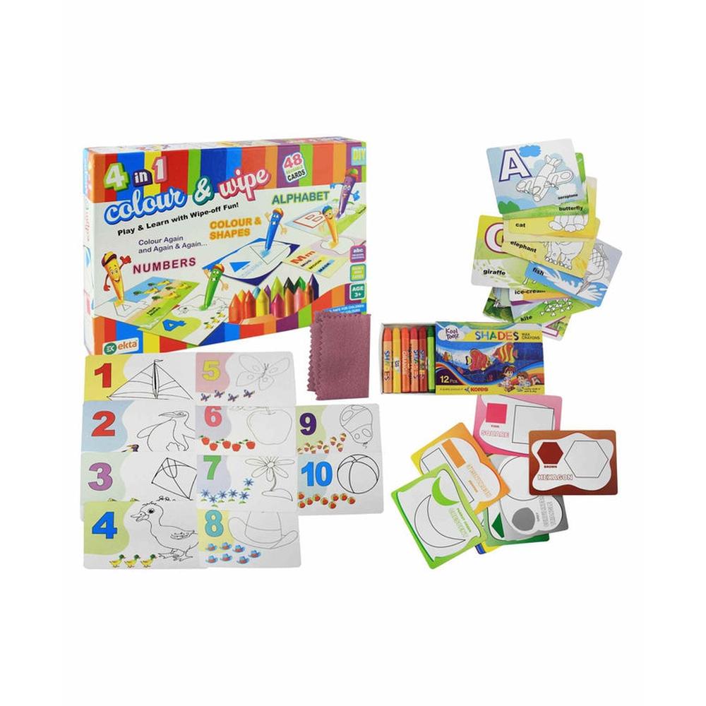 Ekta's 4 in 1 Colour & Wipe Set with 48 Reusable Cards - Numbers, Colour, Shapes & Alphabet (3-5 Years)