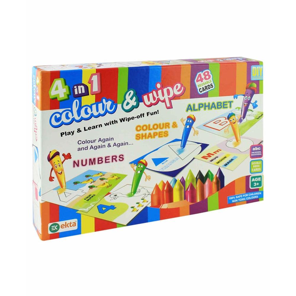 Ekta's 4 in 1 Colour & Wipe Set with 48 Reusable Cards - Numbers, Colour, Shapes & Alphabet (3-5 Years)