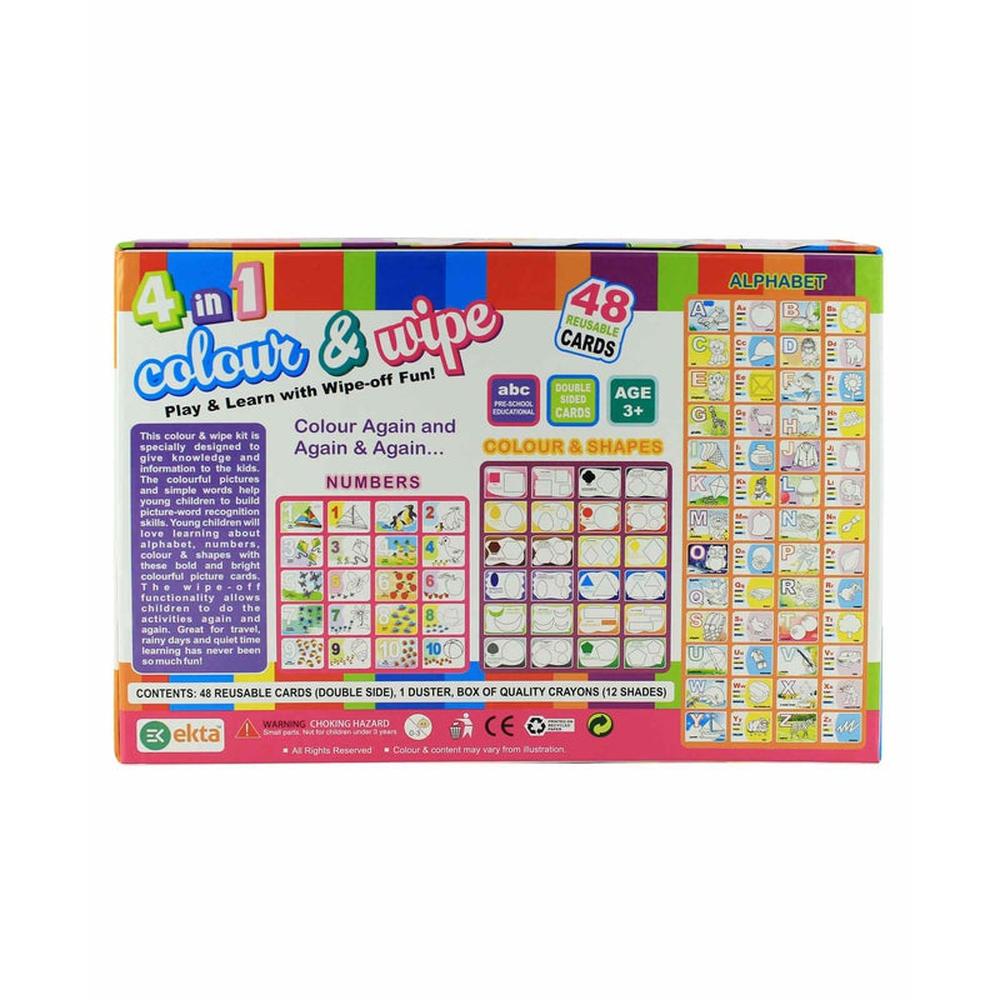 Ekta's 4 in 1 Colour & Wipe Set with 48 Reusable Cards - Numbers, Colour, Shapes & Alphabet (3-5 Years)