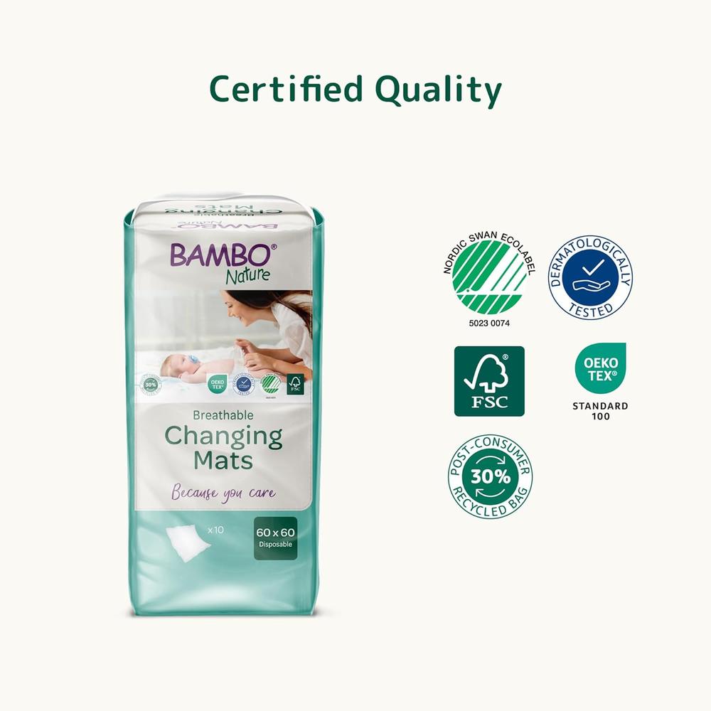 Bambo Nature Breathable Changing Mats | 10 Mats | Absorbs Up to 1300ml | 60 x 60 Disposable