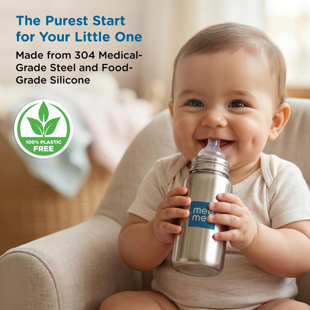 Mee Mee Premium Steel Feeding Bottle with Easy Flow Nipple - 240ml | L Size | SS304